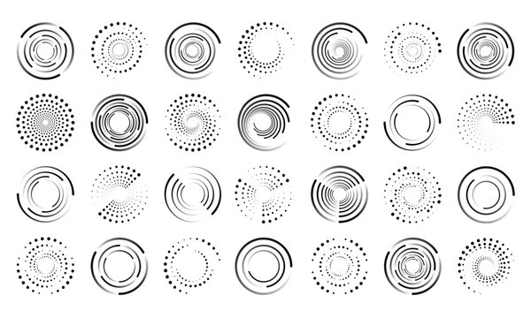 Circle halftone lines. Speed loading process. Black dot patterns. Abstract graphic spirals. Circular movement. Radial dynamic logo. Grunge half tone swirls set. Vector design background
