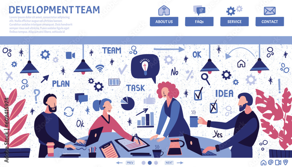 Poster Development team landing page template. Doodle characters drawing, website design. Manager, designers and programmer in hackathon office, developer creating process work. Vector illustration