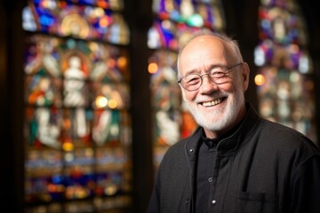 Fototapeta premium Portrait of a smiling senior man in front of a stained glass window in a church