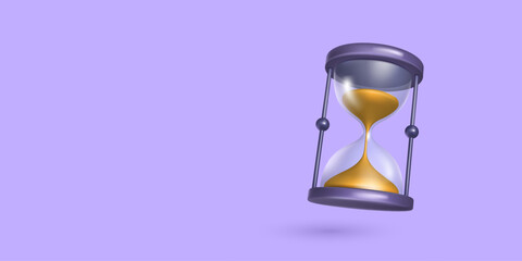 3d hourglass. Time antique measure instrument, sand glass clock, watch hours for wait or loading history isolated sandglass. Horizontal banner purple background. Vector realistic illustration - obrazy, fototapety, plakaty