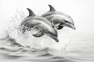 Dolphins drawing, dolphins pencil drawing vintage. Generative Ai.