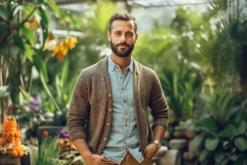 Portrait of a handsome bearded man standing in a greenhouse with plants.