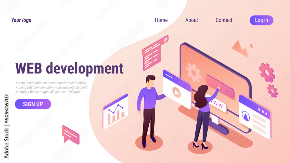 Fototapete Isometric web design. Website landing page. 3D develop content. Computer technology product interface. Creative digital project. UX UI browser window. Vector online banner template