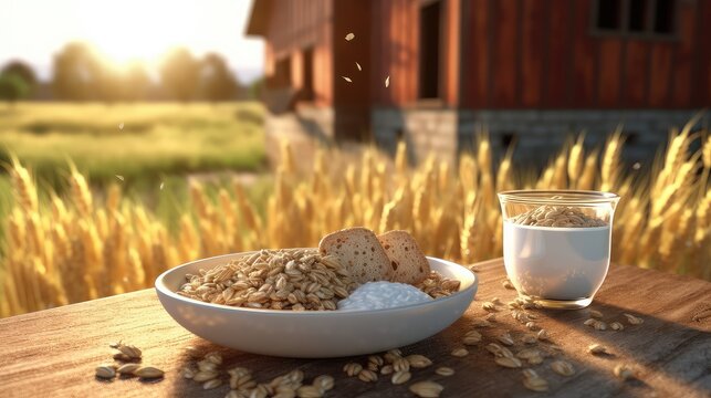 Outdoor table setup with a bowl of wheat and grains with yogurt and slice of bread and wheat field at the background