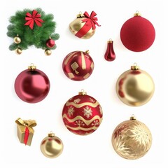 3d render, collection of assorted Christmas ornaments, festive clip art isolated on white background. Set of design elements, Generative AI
