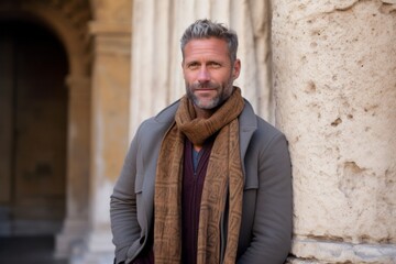 Fototapeta na wymiar Medium shot portrait photography of a pleased man in his 40s that is wearing a chic cardigan against a roman or ancient architecture background . Generative AI