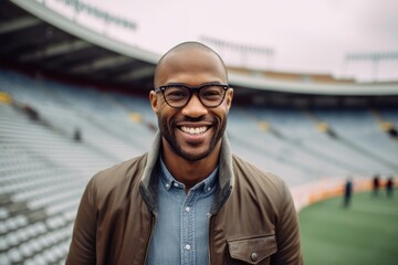 Portrait of handsome african american man in eyeglasses smiling at camera while standing in stadium