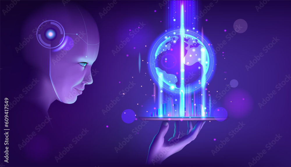 Poster Digital AI technology. 5G world tech communication. Virtual mobile network. City home or cloud system. Android and IOT. Glowing graphic hologram. Data computing. Vector abstract concept