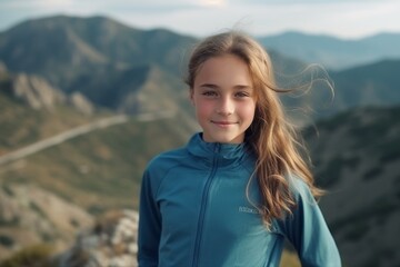 Portrait of a cute little girl with long hair on the background of mountains