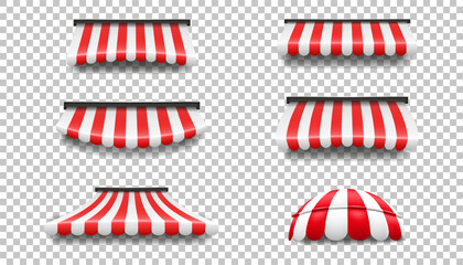 Shop awning, red roof canopy, stripe tent for market, store or restaurant different shapes, vintage sunshade front. Building exterior 3d isolated elements. Vector realistic illustration