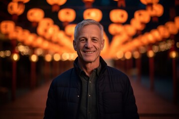 Fototapeta premium Portrait of a happy senior man standing in the street at night