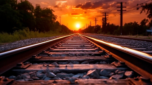 railway going into perspective towards the horizon against the backdrop of a sunset. Generative Ai. 