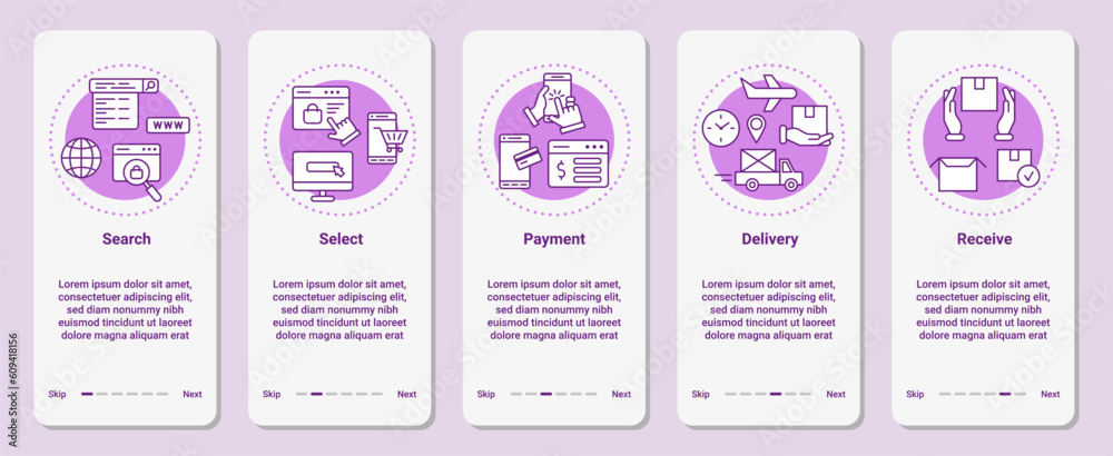Aufkleber Online shopping infographic. Mobile app interface. Making purchase steps. Buy order. Call center icon. Advices in smartphone application. Business phone screen. Vector UI template set