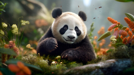 Obraz na płótnie Canvas giant panda sitting on a bed of leaves in the forest. Generative Ai. 