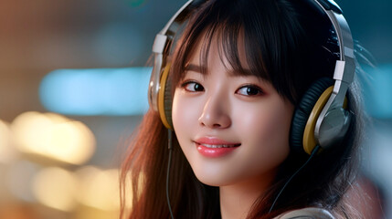 young asian woman in big headphones smiling at the camera. a woman's smile conveys a feeling of happiness and satisfaction. Generative Ai. 