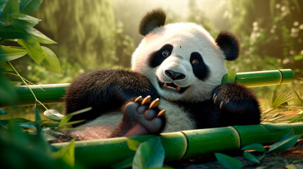 Fototapeta premium a giant panda sitting in a lush green forest, surrounded by leaves and bamboo. Panda holding a bamboo stalk in his mouth. Generative Ai. 
