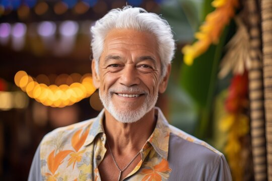 Medium shot portrait photography of a pleased man in his 60s that is wearing a chic cardigan against a hawaiian or polynesian background . Generative AI