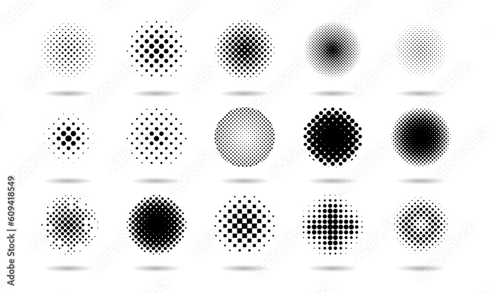 Aufkleber Dot circles. Half tone gradient pattern. Round abstract isolated elements with point effect. Fade image. Graphic spray textures set. Geometric grunge dotted spots. Vector black background