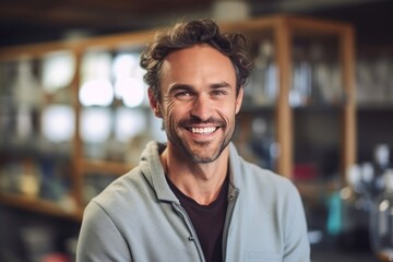 Medium shot portrait photography of a grinning man in his 30s that is wearing a chic cardigan against a laboratory or science experiment background . Generative AI