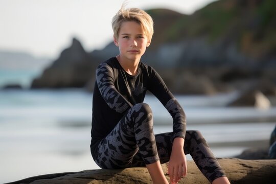 Portrait of sporty young woman in wetsuit sitting on rock on beach