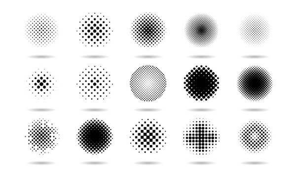 Dot circles. Half tone gradient pattern. Round abstract isolated elements with point effect. Fade image. Graphic spray textures set. Geometric grunge dotted spots. Vector black background