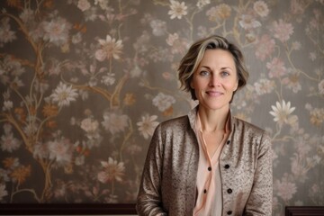 Fototapeta premium Portrait of a beautiful middle-aged woman with short hair in a vintage interior