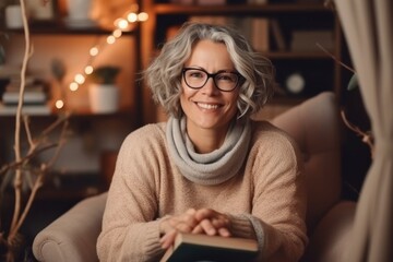 Medium shot portrait photography of a pleased woman in her 50s that is wearing a cozy sweater against a cozy reading nook background . Generative AI