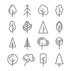 Geometric tree leaf, pine and oak icons. Minimal nature leaves, minimalism in spring forest, plant landscape, simple garden. Logo or emblem black outline isolated vector abstract line shapes