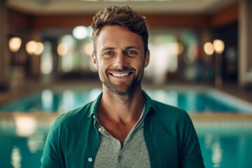 Obraz premium Portrait of handsome young man smiling and looking at camera in swimming pool