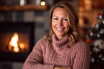 Portrait of smiling middle aged woman standing in front of fireplace at home