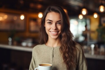 Portrait of a smiling young woman holding cup of coffee in cafe