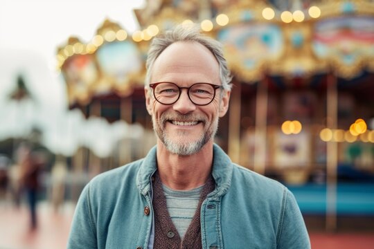 Medium Shot Portrait Photography Of A Pleased Man In His 50s That Is Wearing A Chic Cardigan Against An Amusement Park Or Theme Park Background . Generative AI