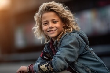 Portrait of a cute little girl with blond curly hair in a denim jacket
