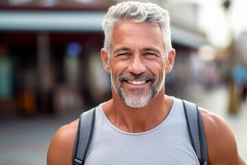 Portrait of handsome mature man with grey hair smiling on the street