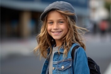 Closeup portrait of a cute little girl with blond hair wearing a hat and backpack