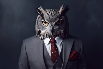 Portrait of a Owl dressed in a formal business suit, The Elegant Boss Owl, generative AI