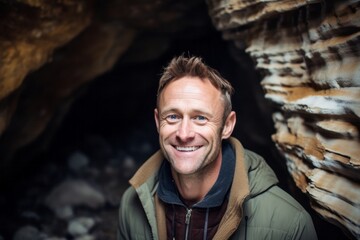 Portrait of a smiling man standing in a cave with a rock in the background