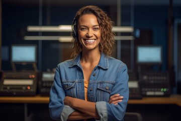 Portrait of smiling afro-american female operator in headphones standing with arms crossed in office