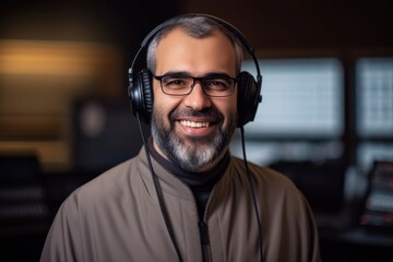 Portrait of a mature man with headphones in a recording studio.