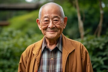 Portrait of asian senior man smiling in the garden at home