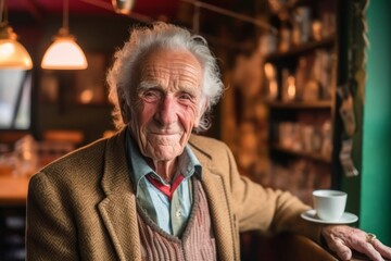 Portrait of senior man with cup of coffee in a pub.