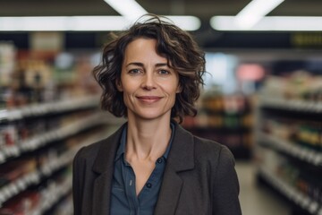 Fototapeta na wymiar Portrait of smiling businesswoman standing in supermarket aisle and looking at camera