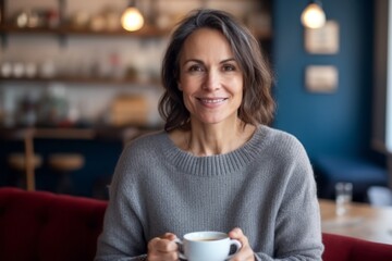 Portrait of smiling mature woman holding cup of coffee in cozy cafe