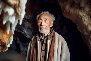 Medium shot portrait photography of a tender man in his 70s that is wearing a chic cardigan against a geode or crystal cave background . Generative AI