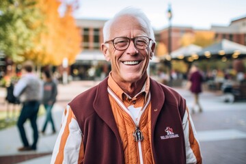Medium shot portrait photography of a grinning man in his 60s that is wearing a chic cardigan against a lively college campus during a sports event background . Generative AI