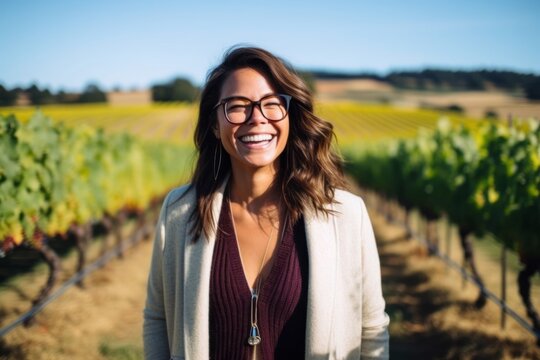 Portrait of smiling woman with glasses standing in vineyard on a sunny day