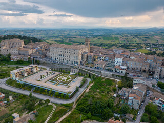 Italy, June 02, 2023: aerial view of the beautiful village of Recanati which gave birth to Giacomo...