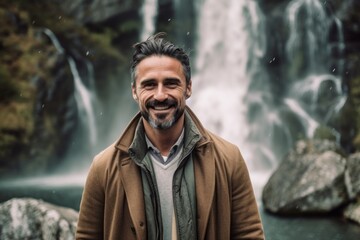 Medium shot portrait photography of a cheerful man in his 40s that is wearing a chic cardigan against a scenic hiking trail with a waterfall in the distance background . Generative AI