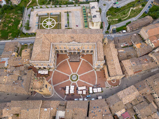 Italy, June 02, 2023: aerial view of the beautiful village of Recanati which gave birth to Giacomo...