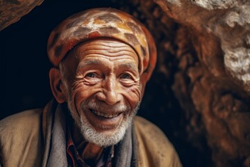 Portrait of an old man in the middle of a cave.